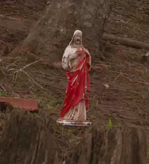 Estátua religiosa é encontrada intacta após passagem de ciclone no RS.