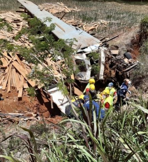 Caminhão carregado de madeiras sai da pista e deixa duas pessoas gravemente feridas em SMOeste