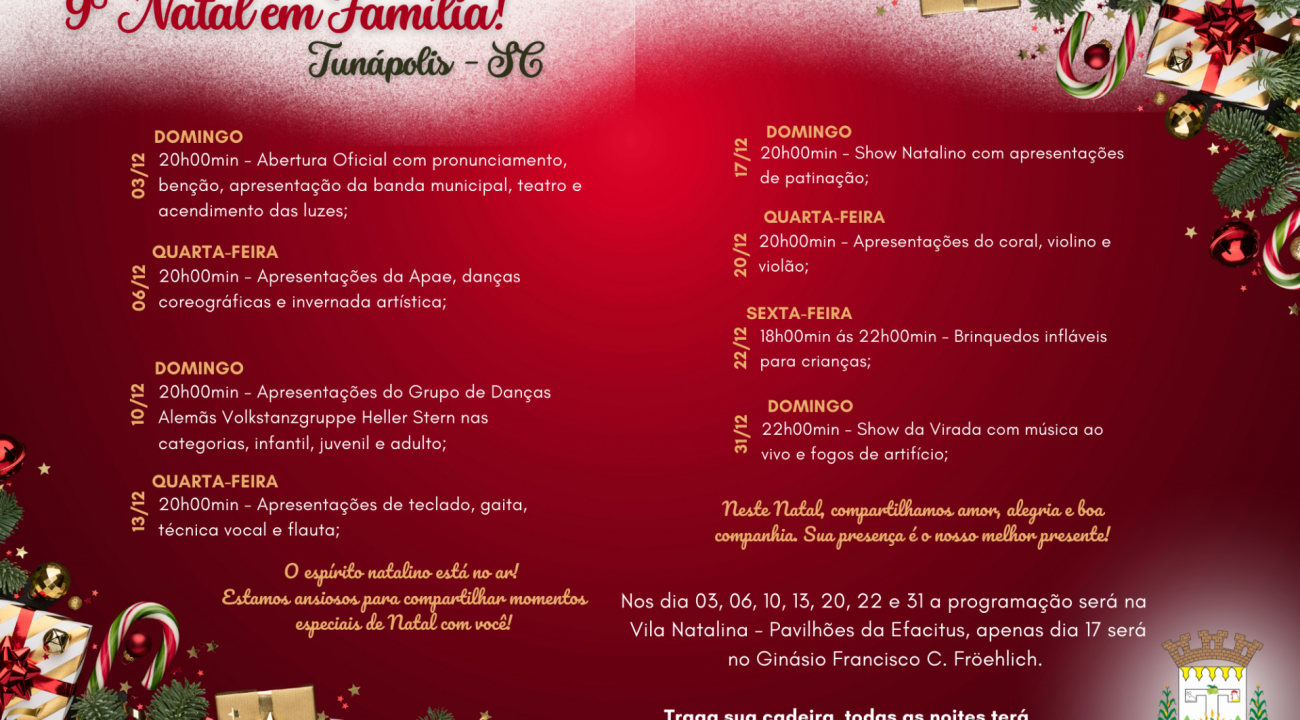 Abertura do Natal em Família terá apresentação teatral em Tunápolis.